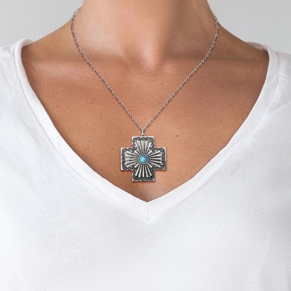 Jessica Simpson Faux Turquoise Stone Cross Necklace and Earrings Set - Picture 2 of 9